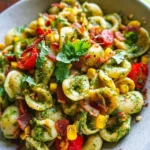 Corn Pasta Salad with Turkey Bacon and Creamy Pesto Dressing
