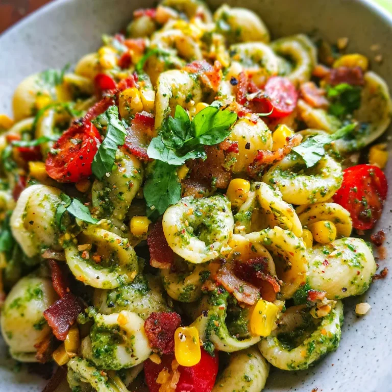 Corn Pasta Salad with Turkey Bacon and Creamy Pesto Dressing