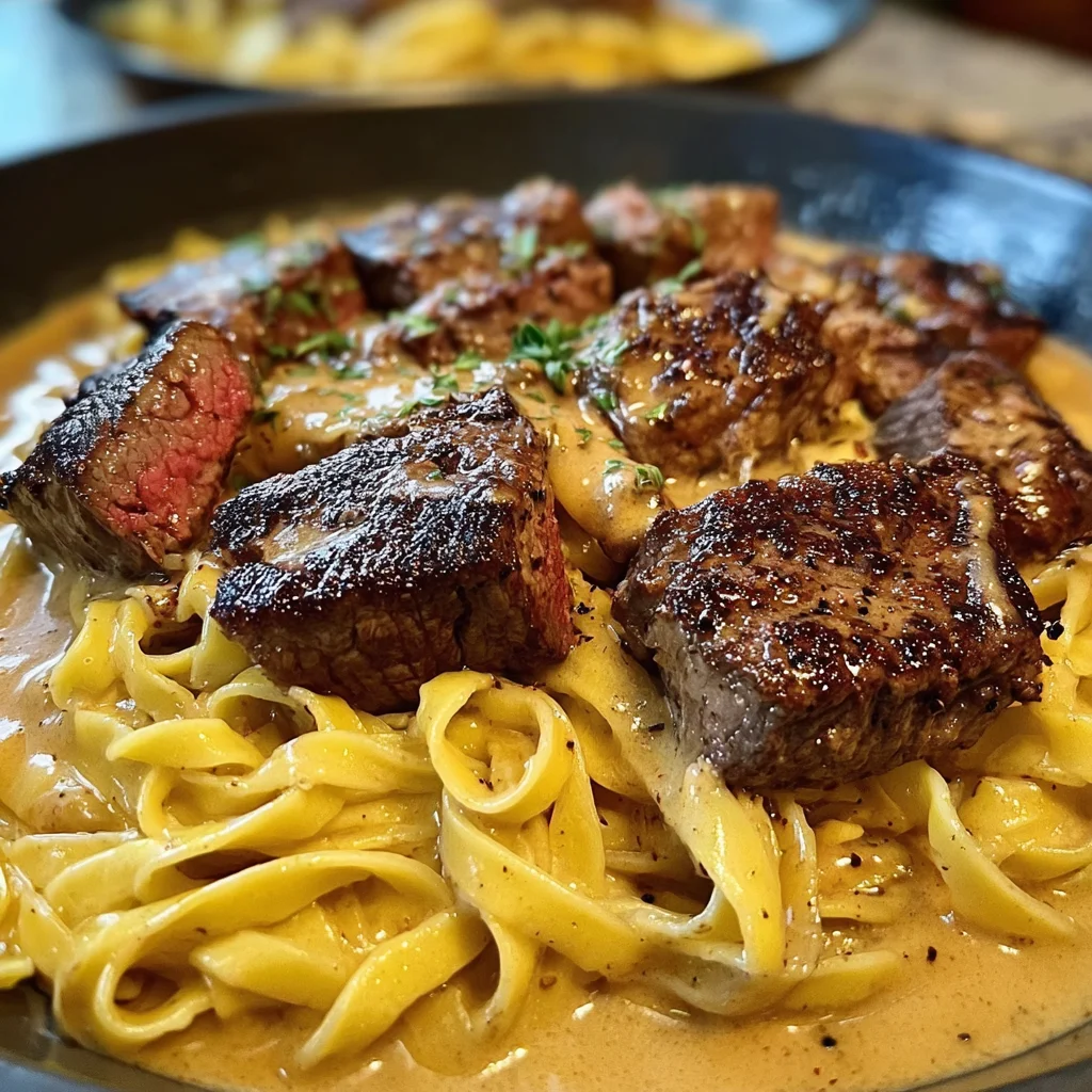 Smoky Cajun Steak Tips Over Velvety Fettuccine