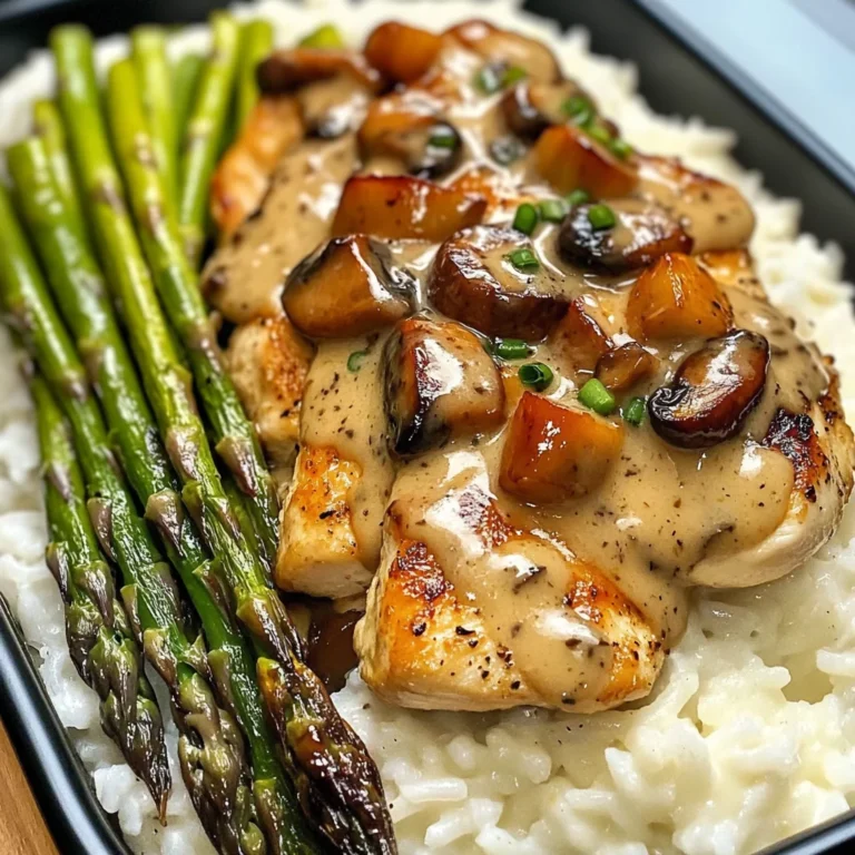Chestnut Mushroom Chicken Alfredo with Asparagus and Rice