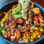 Grilled Shrimp Bowl with Avocado, Corn Salsa & Creamy Sauce