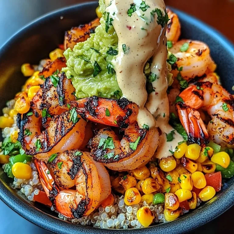 Grilled Shrimp Bowl with Avocado, Corn Salsa & Creamy Sauce