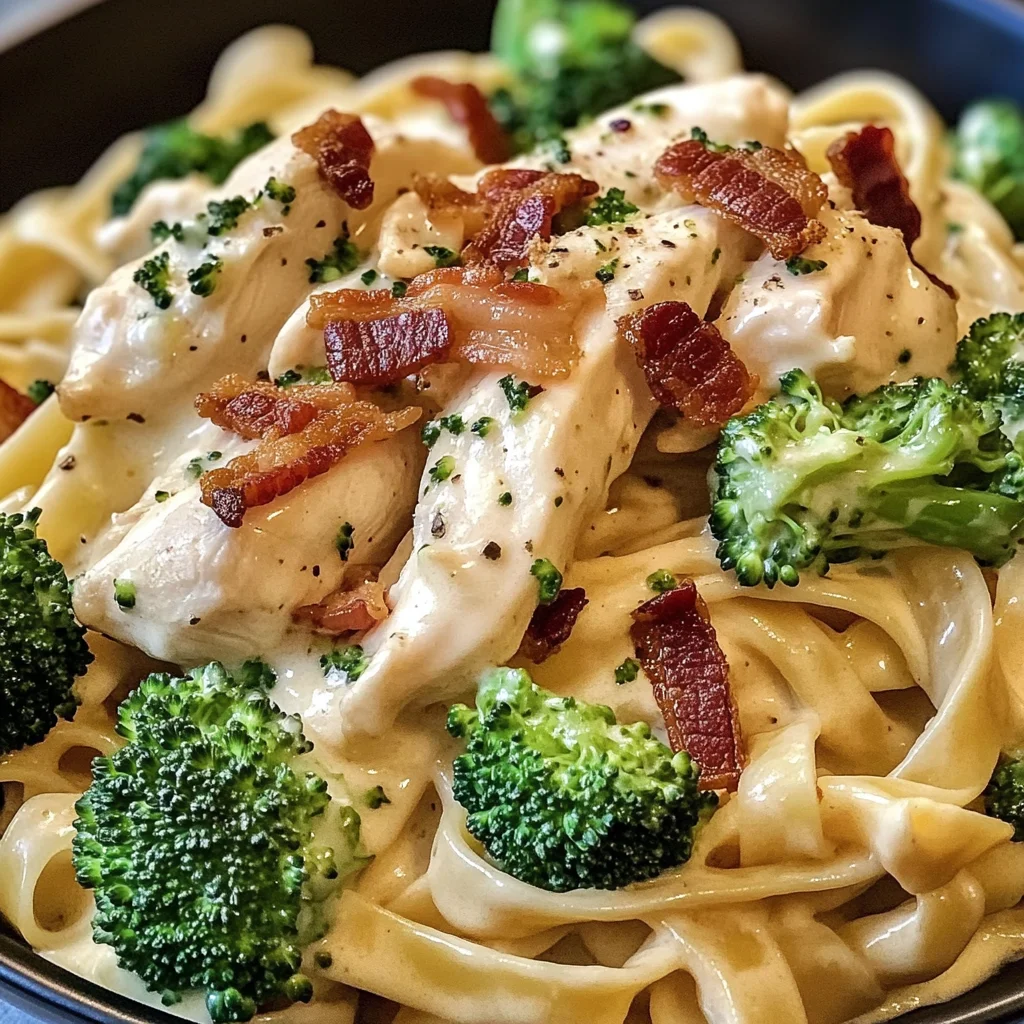 Chicken Bacon Alfredo Fettuccine with Broccoli