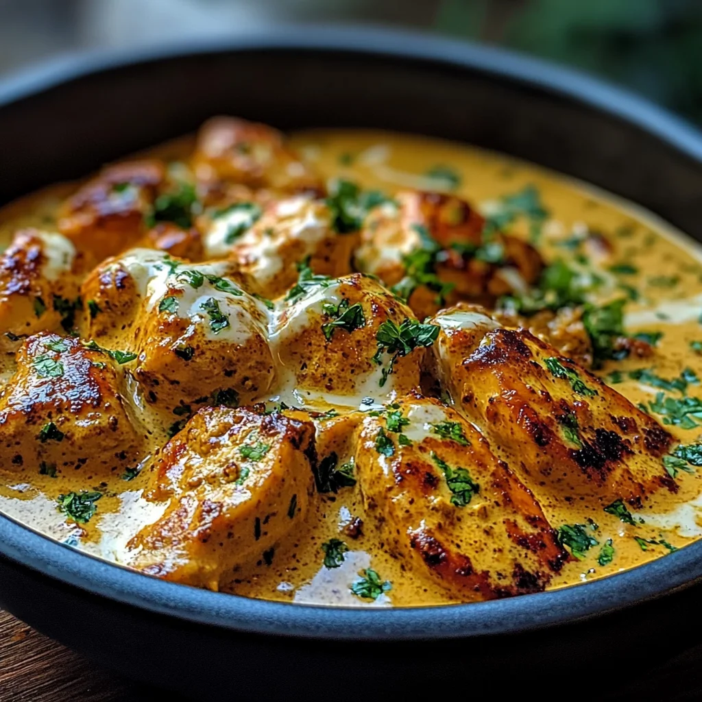 Creamy Butter Chicken with Garlic Drizzle, Fries & Warm Naan