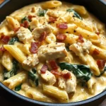 Creamy Chicken Pasta with Bacon, Spinach & Cheese