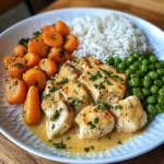 Creamy Garlic Chicken with Fluffy Rice and Glazed Carrots