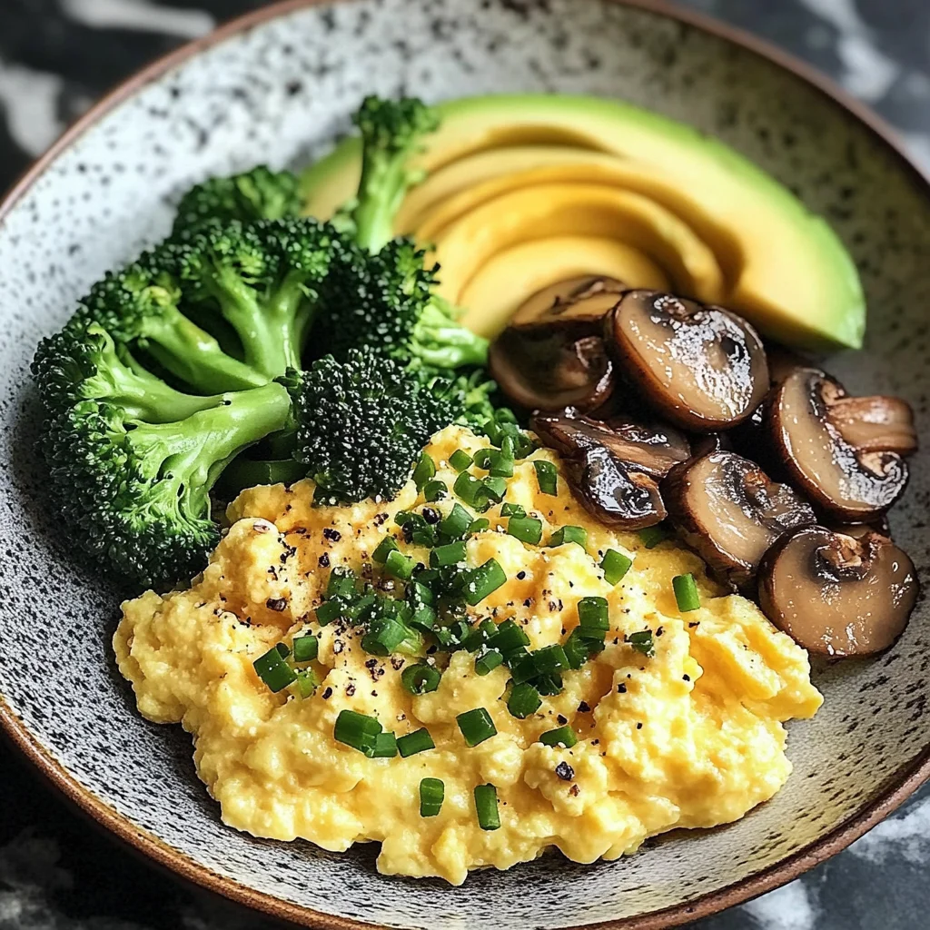Creamy Scrambled Eggs with Avocado, Sautéed Mushrooms & Broccoli
