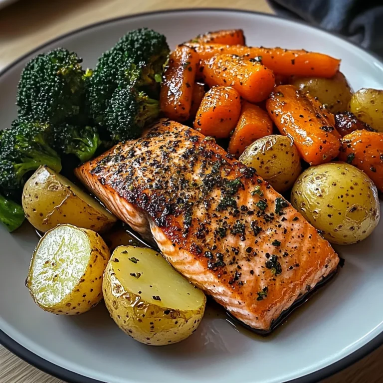 Garlic-Herb Salmon with Roasted Potatoes, Glazed Carrots & Broccoli