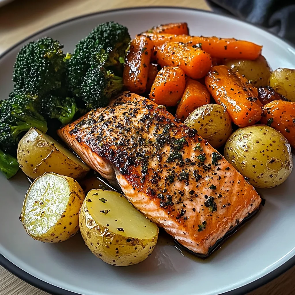 Garlic-Herb Salmon with Roasted Potatoes, Glazed Carrots & Broccoli