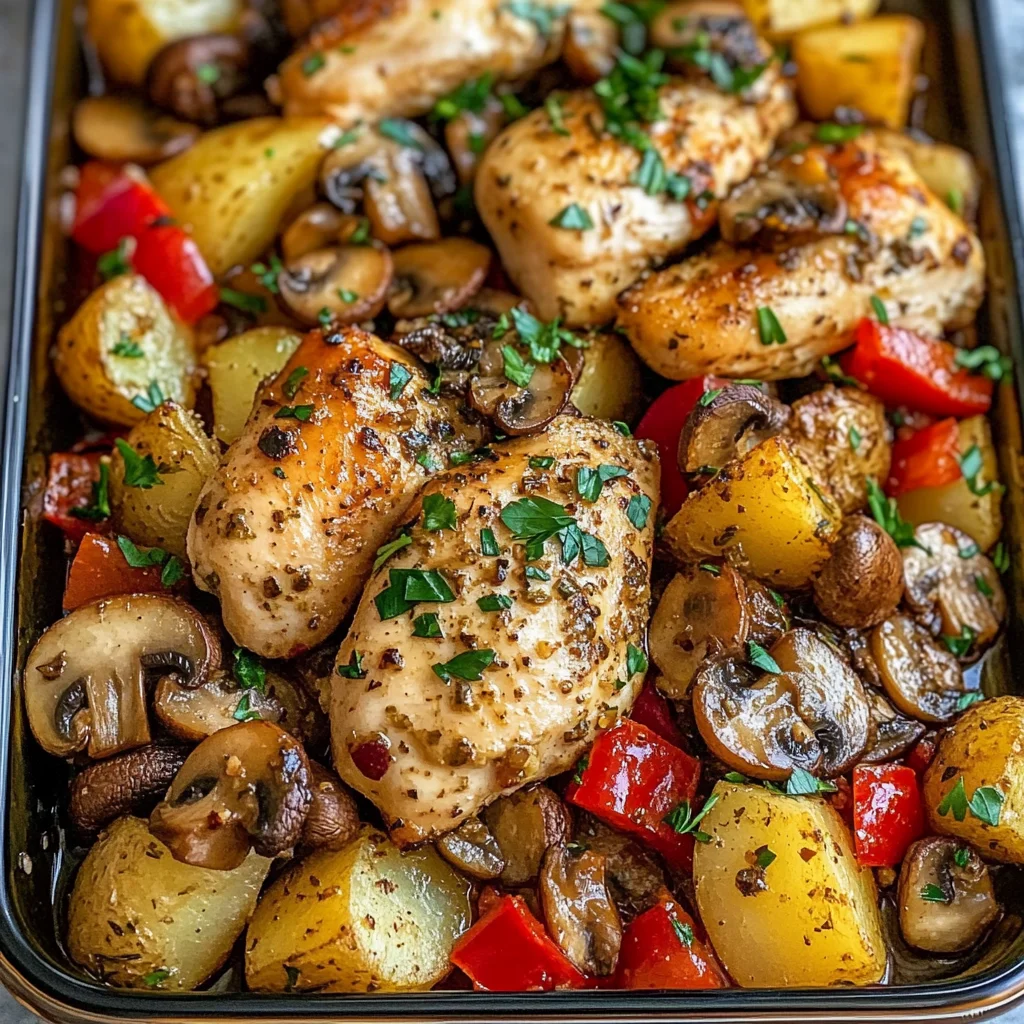 Garlic Herb Chicken with Mushrooms & Roasted Potatoes
