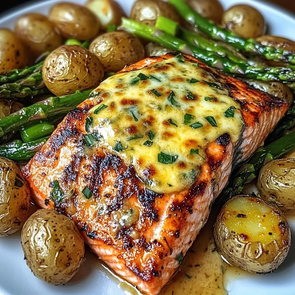 Grilled Salmon with Garlic Potatoes & Cheesy Asparagus