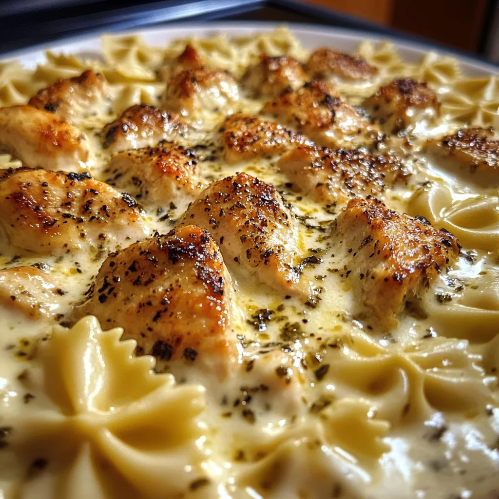 Mozzarella Garlic Butter Chicken Bowties in Cheesy Cream