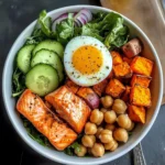 Omega Bowl: Salmon, Jammy Egg & Greens with Chickpeas & Sweet Potato