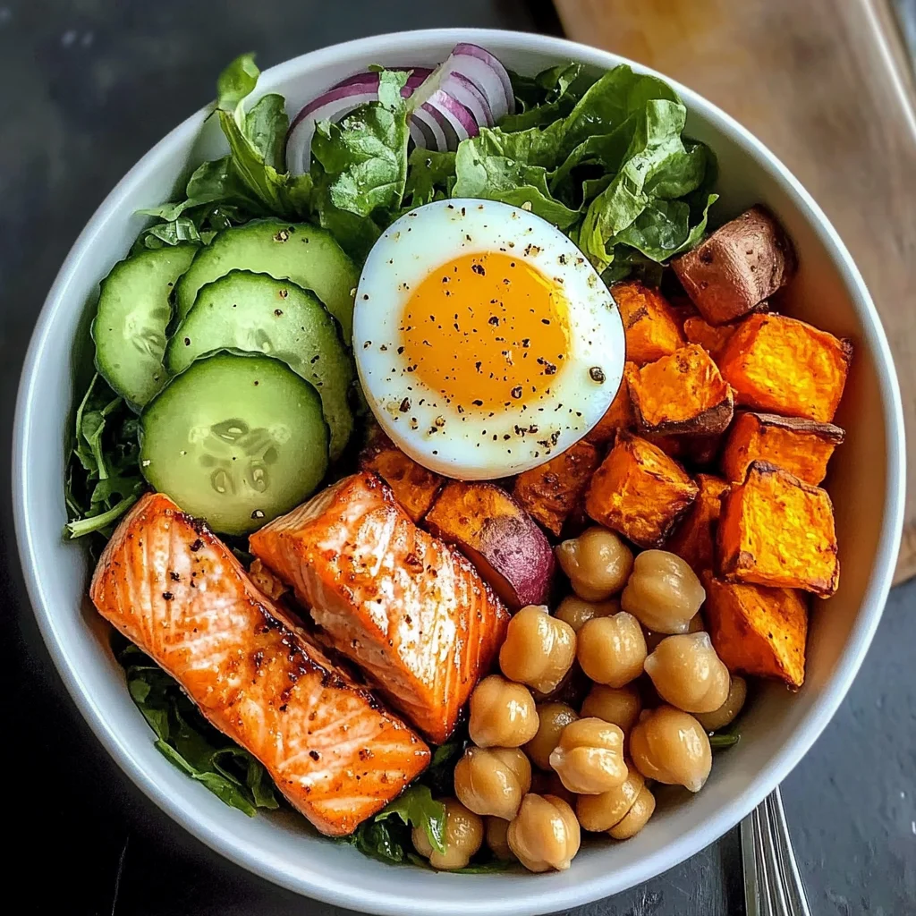 Omega Bowl: Salmon, Jammy Egg & Greens with Chickpeas & Sweet Potato