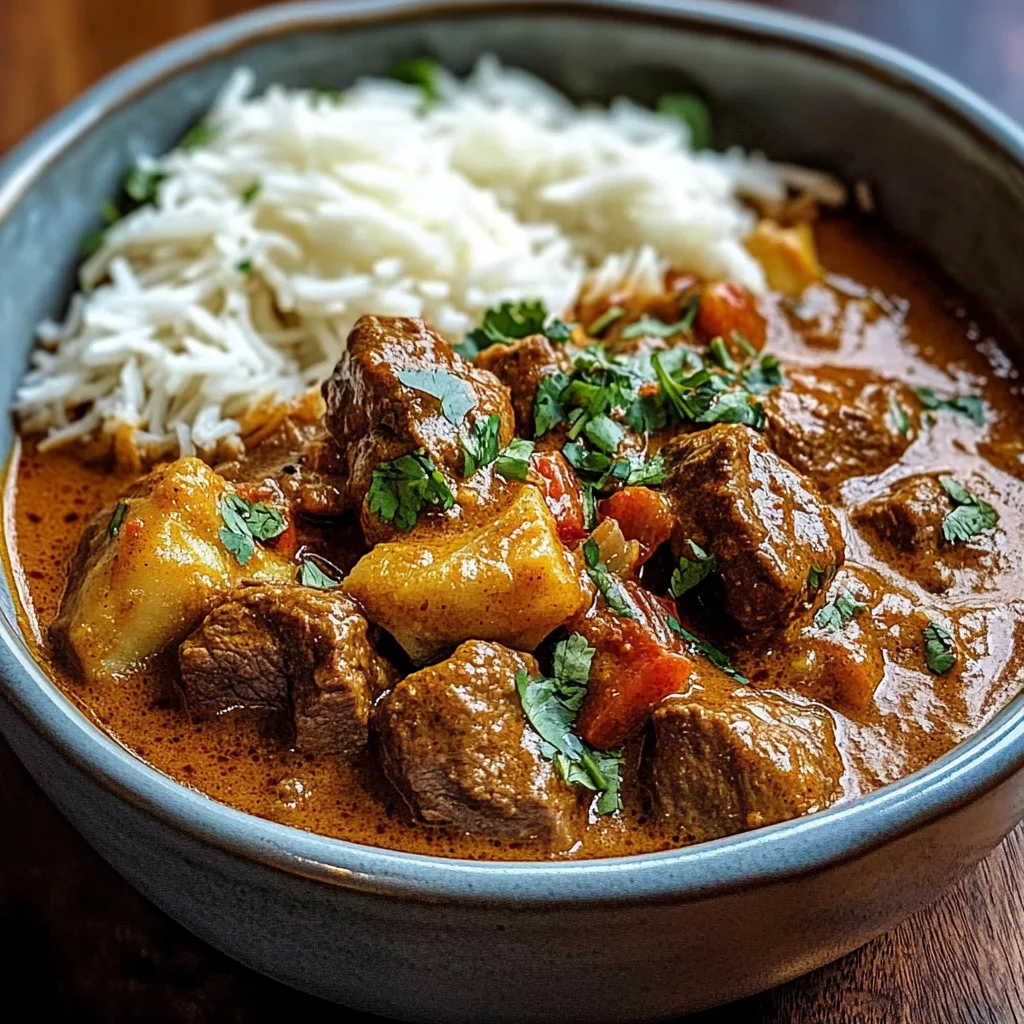 Slow-Cooked Beef Curry in Coconut Gravy with Toasted Garlic Naan