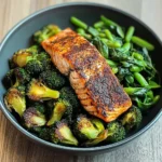 Spiced Salmon Bowl with Roasted Brussels, Sautéed Greens & Steamed Broccoli