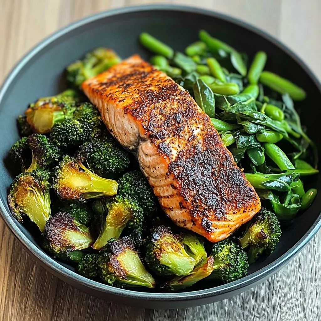 Spiced Salmon Bowl with Roasted Brussels, Sautéed Greens & Steamed Broccoli