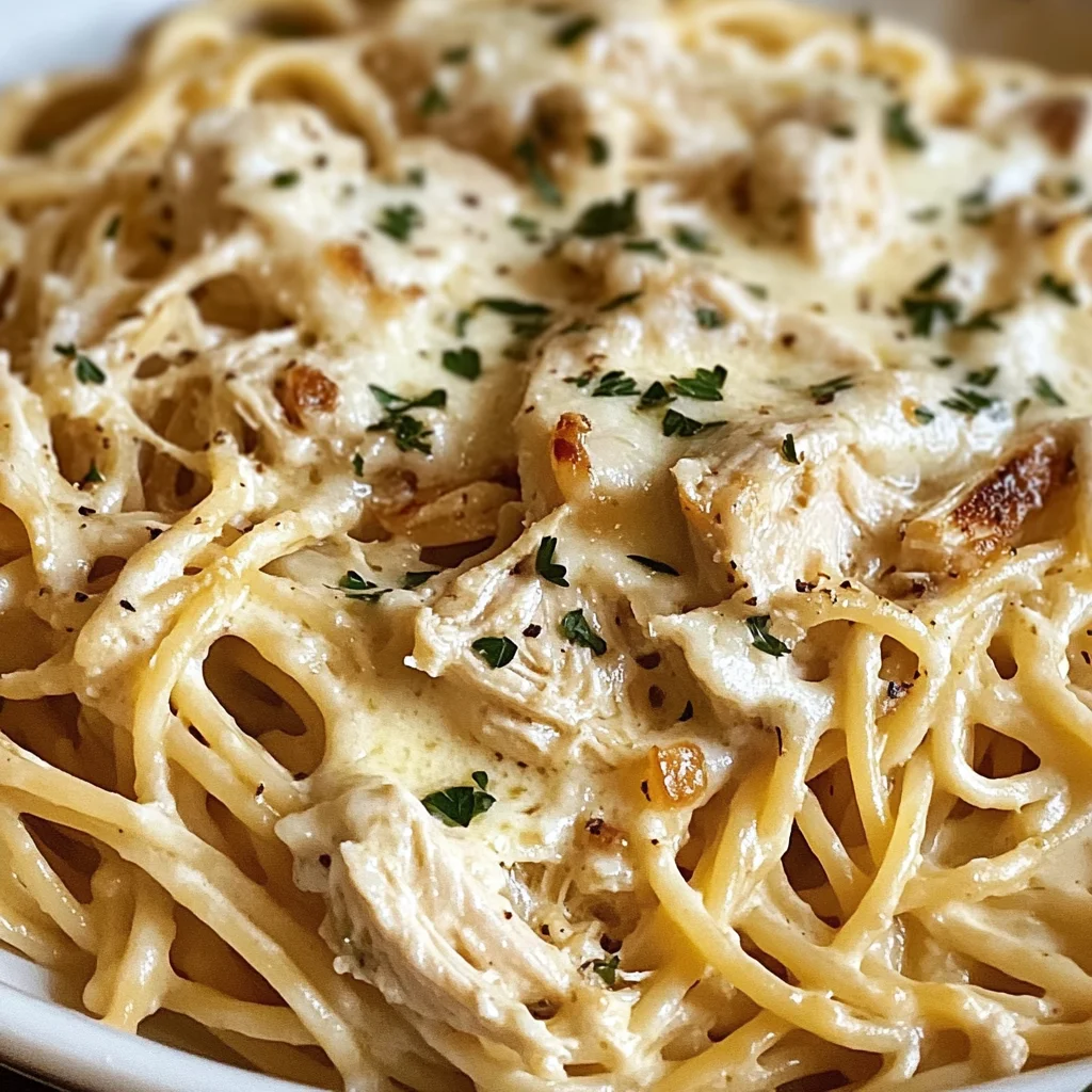 Creamy Crockpot Garlic Parmesan Chicken Pasta