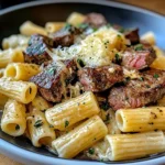 Garlic Butter Steak Tips with Cheesy Rigatoni