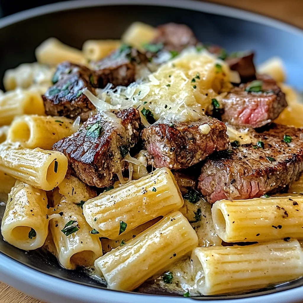 Garlic Butter Steak Tips with Cheesy Rigatoni