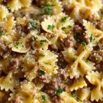 Garlic Butter Bowtie Pasta with Ground Beef Recipe